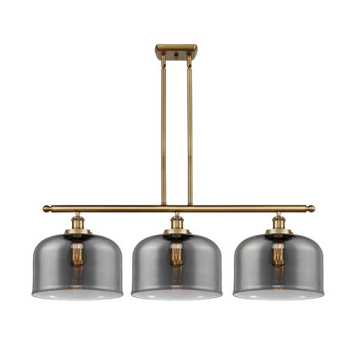 Innovations Bell 36in 3-Light Island Light | Industrial Brushed Brass and Light Smoke Glass | Kitchen Island & Dining Room | Model 916-3I-BB-G73-L