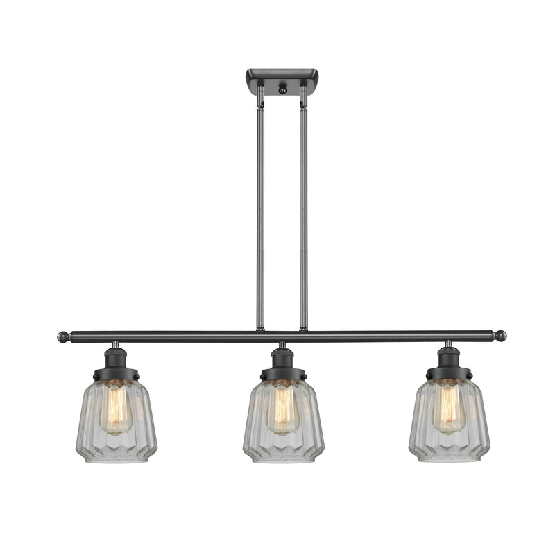 Innovations Chatham 36in 3-Light Island Light | Modern Transitional Matte Black Steel and Clear Ribbed Glass Shade | Kitchen Island | Model 916-3I-BK-G142