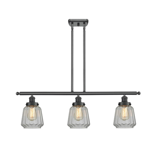 Innovations Chatham 36in 3-Light Island Light | Modern Transitional Matte Black Steel and Clear Ribbed Glass Shade | Kitchen Island | Model 916-3I-BK-G142