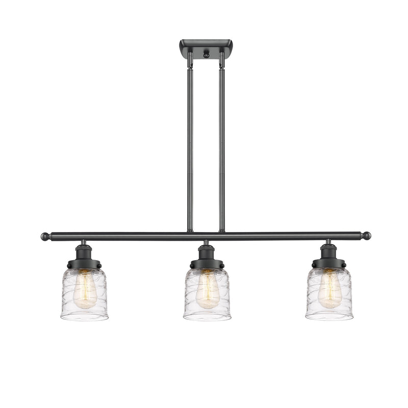 Innovations Bell 36in 3-Light Island Light | Industrial Matte Black Steel and Clear Deco Swirl Glass | Kitchen Island & Dining | Model 916-3I-BK-G513-LED