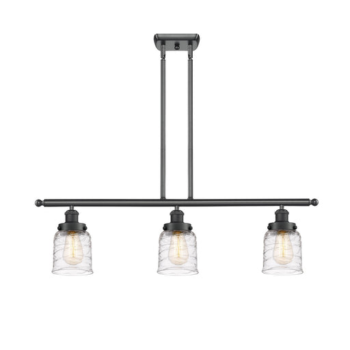 Innovations Bell 36in 3-Light Island Light | Industrial Matte Black Steel and Clear Deco Swirl Glass | Kitchen Island & Dining | Model 916-3I-BK-G513-LED