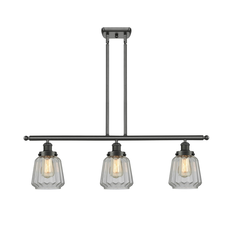 Innovations Chatham 36in 3-Light Island Light | Modern Transitional Oil Rubbed Bronze Steel and Clear Ribbed Glass | Kitchen Island | Model 916-3I-OB-G142