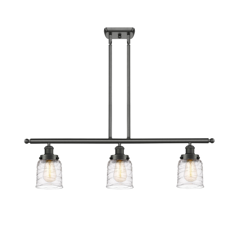 Innovations Bell 36in 3-Light Island Light | Industrial Oil Rubbed Bronze Steel and Clear Deco Swirl Glass | Kitchen Island & | Model 916-3I-OB-G513-LED