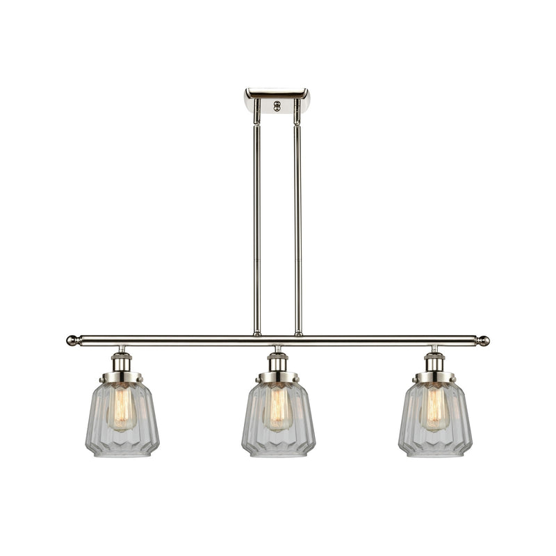 Innovations Chatham 36in 3-Light Island Light | Modern Transitional Polished Nickel Steel and Clear Ribbed Glass | Kitchen Island & | Model 916-3I-PN-G142