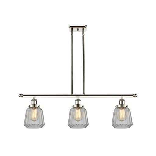 Innovations Chatham 36in 3-Light Island Light | Modern Transitional Polished Nickel Steel and Clear Ribbed Glass | Kitchen Island & | Model 916-3I-PN-G142