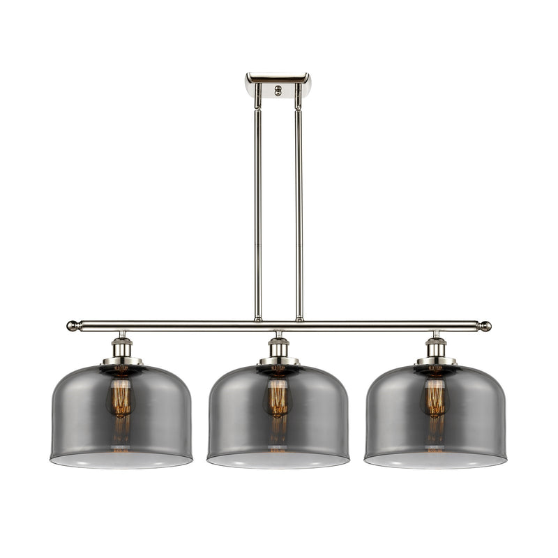 Innovations Bell 36in 3-Light Island Light | Industrial Polished Nickel Steel and Light Smoke Glass | Kitchen Island & Dining | Model 916-3I-PN-G73-L-LED