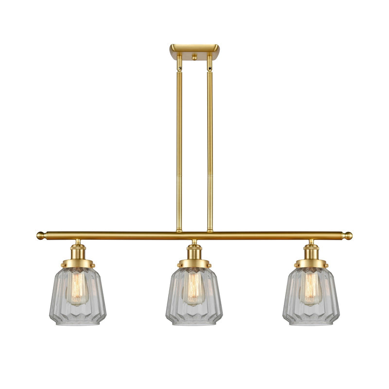 Innovations Chatham 36in 3-Light Island Light | Satin Gold Steel and Clear Ribbed Glass | Kitchen Island & Dining Room | Model 916-3I-SG-G142