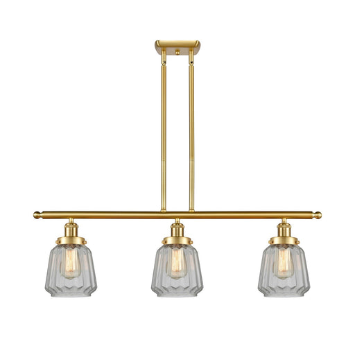 Innovations Chatham 36in 3-Light Island Light | Satin Gold Steel and Clear Ribbed Glass | Kitchen Island & Dining Room | Model 916-3I-SG-G142