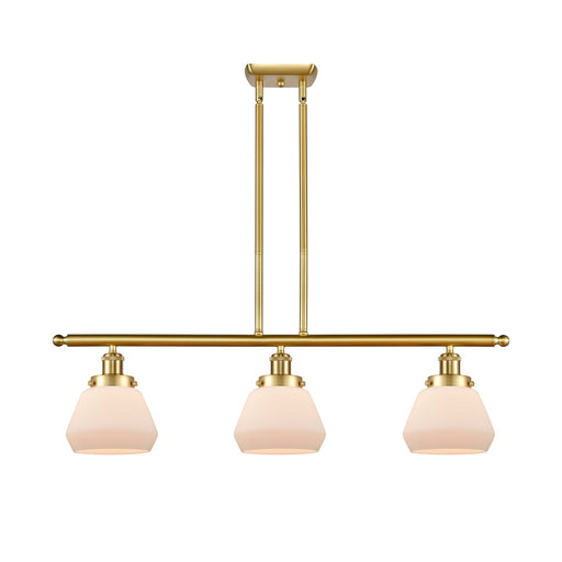 Innovations Fulton 36in 3-Light Island Light | Satin Gold Steel and Matte White Frosted Glass | Kitchen Island & Dining Room | Model 916-3I-SG-G171
