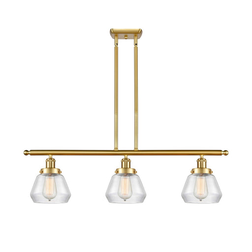 Innovations Fulton 36in 3-Light Island Light | Satin Gold Steel and Clear Glass | Kitchen Island & Dining Room | Model 916-3I-SG-G172