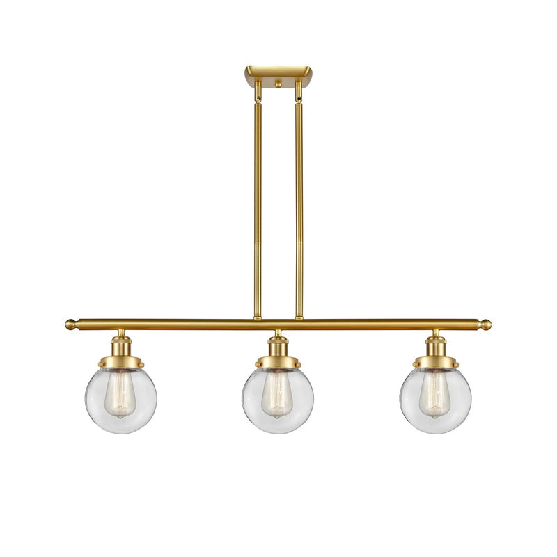 Innovations Beacon 36in 3-Light Island Light | Modern Transitional Satin Gold Steel and Clear Glass | Kitchen Island & Dining | Model 916-3I-SG-G202-6