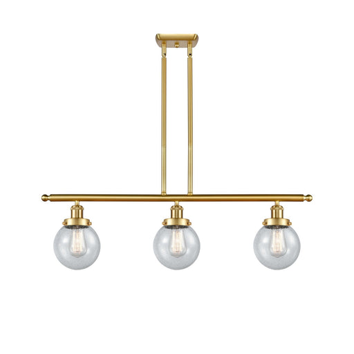 Innovations Beacon 36in 3-Light Island Light | Modern Transitional Satin Gold Steel and Seedy Glass | Kitchen Island & Dining | Model 916-3I-SG-G204-6