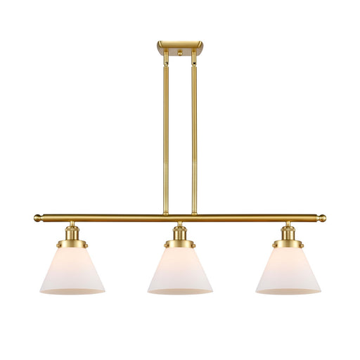 Innovations Cone 36in 3-Light Island Light | Industrial Transitional Satin Gold Steel and Matte White Frosted Glass | Kitchen Island | Model 916-3I-SG-G41