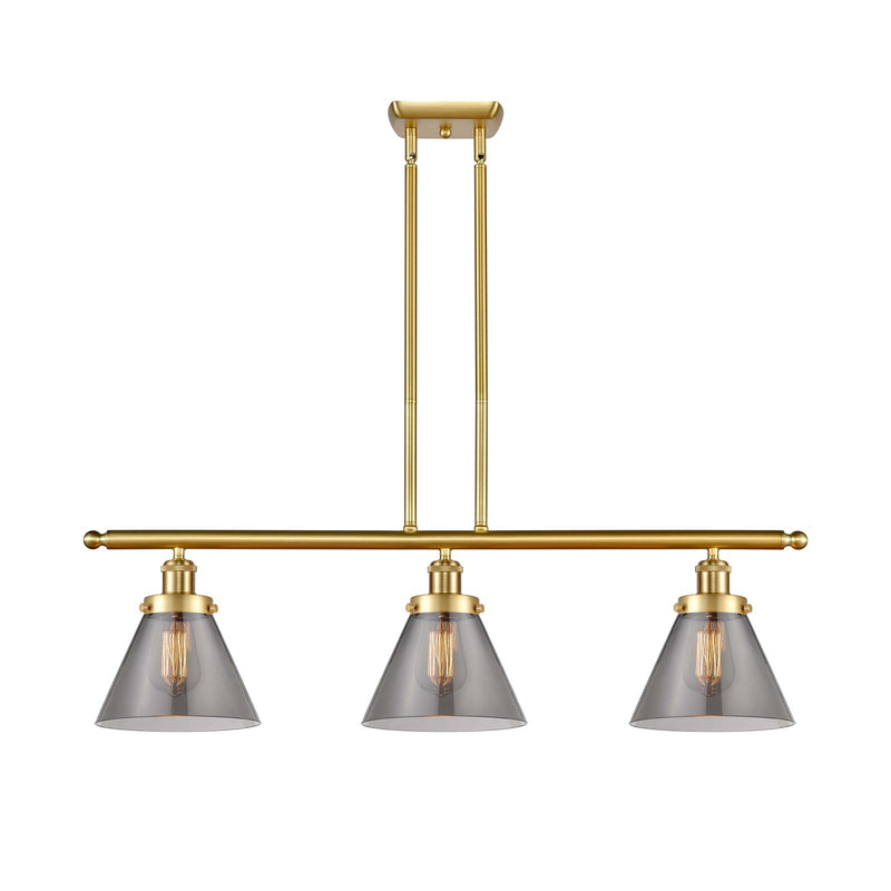Innovations Cone 36in 3-Light Island Light | Industrial Satin Gold Steel and Light Smoke Glass | Kitchen Island & Dining Room | Model 916-3I-SG-G43