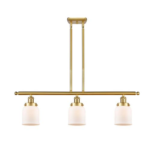 Innovations Bell 36in 3-Light Island Light | Industrial Satin Gold Steel and Matte White Frosted Glass | Kitchen Island & Dining | Model 916-3I-SG-G51