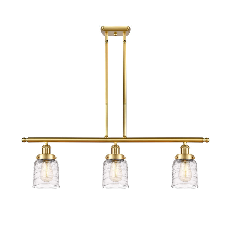 Innovations Bell 36in 3-Light Island Light | Industrial Satin Gold Steel and Clear Deco Swirl Glass | Kitchen Island & Dining Room | Model 916-3I-SG-G513