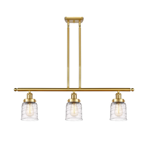 Innovations Bell 36in 3-Light Island Light | Industrial Satin Gold Steel and Clear Deco Swirl Glass | Kitchen Island & Dining Room | Model 916-3I-SG-G513