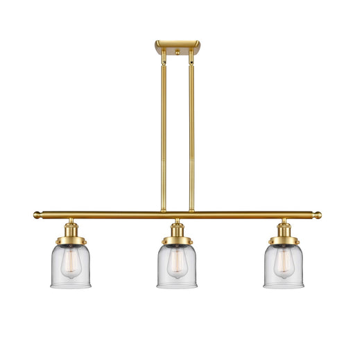 Innovations Bell 36in 3-Light Island Light | Industrial Satin Gold Steel and Clear Glass | Kitchen Island & Dining Room | Model 916-3I-SG-G52