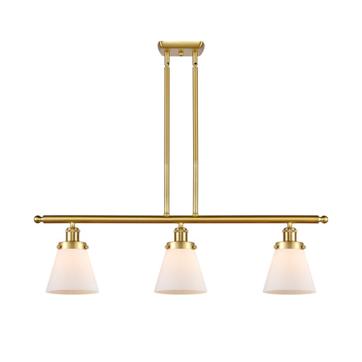 Innovations Cone 36in 3-Light Island Pendant | Industrial Satin Gold Steel and Matte White Frosted Glass | Kitchen Island & Dining | Model 916-3I-SG-G61
