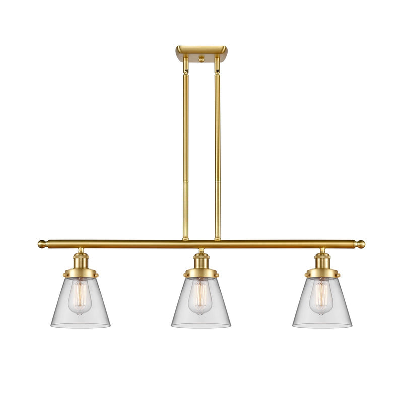 Innovations Cone 36in 3-Light Island Light | Industrial Satin Gold Steel and Clear Glass | Kitchen Island & Dining Room | Model 916-3I-SG-G62