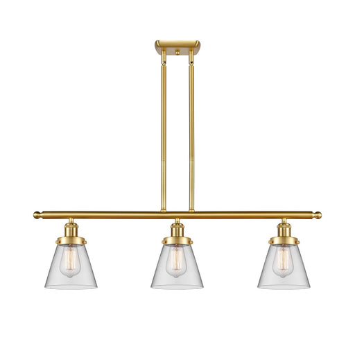 Innovations Cone 36in 3-Light Island Light | Industrial Satin Gold Steel and Clear Glass | Kitchen Island & Dining Room | Model 916-3I-SG-G62