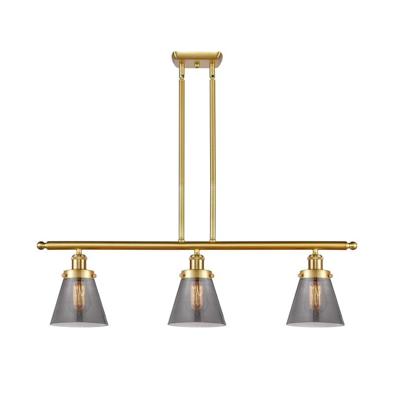 Innovations Cone 36in 3-Light Island Light | Industrial Satin Gold Steel and Light Smoke Glass | Kitchen Island & Dining Room | Model 916-3I-SG-G63