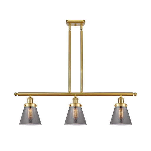 Innovations Cone 36in 3-Light Island Light | Industrial Satin Gold Steel and Light Smoke Glass | Kitchen Island & Dining Room | Model 916-3I-SG-G63