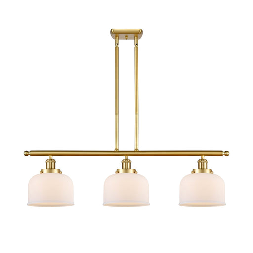 Innovations Bell 36in 3-Light Island Light | Industrial Satin Gold Steel and Matte White Glass | Kitchen Island & Dining Room | Model 916-3I-SG-G71