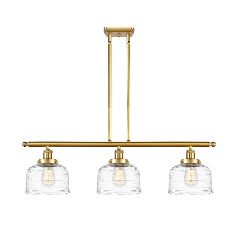 Innovations Bell 36in 3-Light Island Light | Industrial Satin Gold Steel and Clear Deco Swirl Glass | Kitchen Island & Dining Room | Model 916-3I-SG-G713