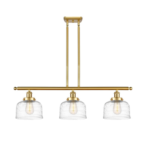 Innovations Bell 36in 3-Light Island Light | Industrial Satin Gold Steel and Clear Deco Swirl Glass | Kitchen Island & Dining Room | Model 916-3I-SG-G713