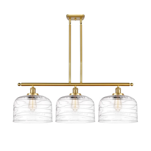 Innovations Bell 36in 3-Light Island Light | Industrial Satin Gold Steel and Clear Deco Swirl XL Glass | Kitchen Island & Dining | Model 916-3I-SG-G713-L