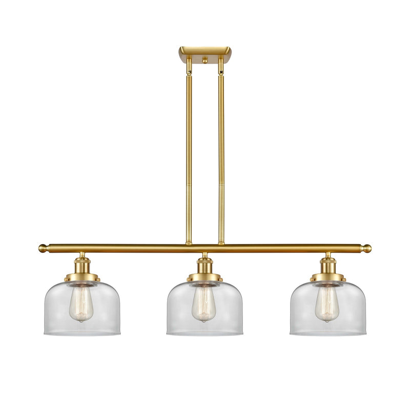 Innovations Bell 36in 3-Light Island Light | Industrial Satin Gold Steel and Clear Glass | Kitchen Island & Dining Room | 36 x 11 in | Model 916-3I-SG-G72