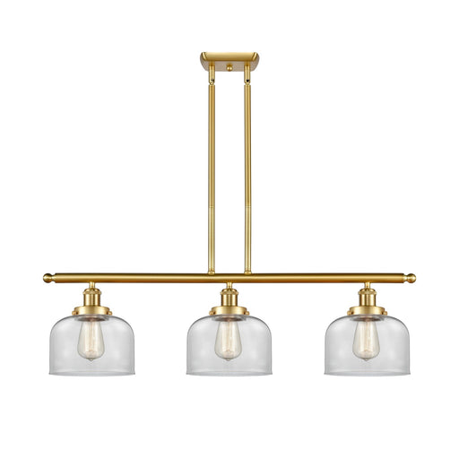 Innovations Bell 36in 3-Light Island Light | Industrial Satin Gold Steel and Clear Glass | Kitchen Island & Dining Room | 36 x 11 in | Model 916-3I-SG-G72
