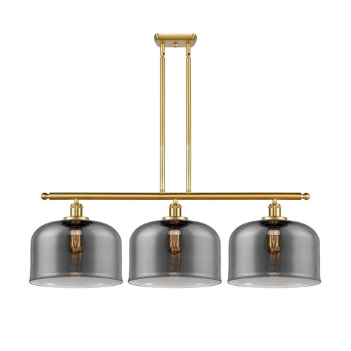 Innovations Bell 36in 3-Light Island Light | Industrial Satin Gold Steel and Light Smoke XL Glass | Kitchen Island & Dining Room | Model 916-3I-SG-G73-L