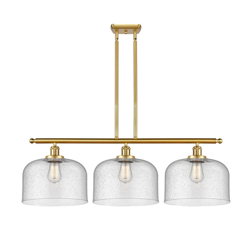 Innovations Bell 36in 3-Light Island Light | Industrial Satin Gold Steel and Cast Brass Seedy Glass | Kitchen Island & Dining Room | Model 916-3I-SG-G74-L