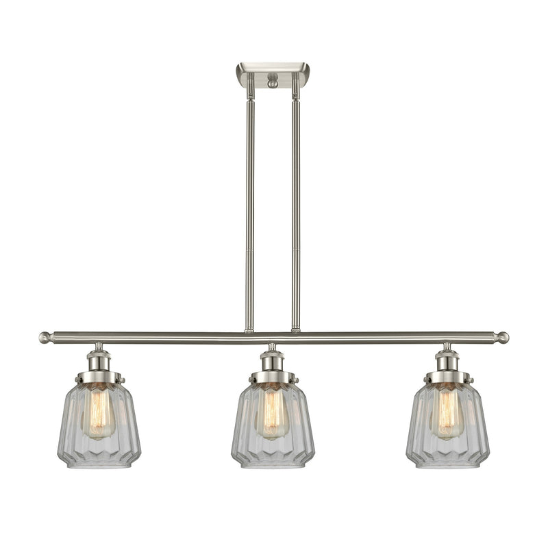 Innovations Chatham 36in 3-Light Island Light | Modern Transitional Brushed Satin Nickel Steel and Clear Ribbed Glass Shade | Model 916-3I-SN-G142