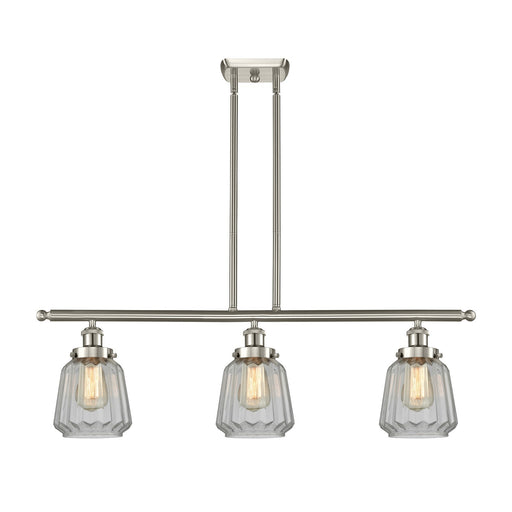 Innovations Chatham 36in 3-Light Island Light | Modern Transitional Brushed Satin Nickel Steel and Clear Ribbed Glass Shade | Model 916-3I-SN-G142