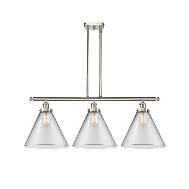 Innovations Cone 36in 3-Light Island Light | Industrial Brushed Satin Nickel Steel and Clear Glass | Kitchen Island & Dining Room | Model 916-3I-SN-G42-L