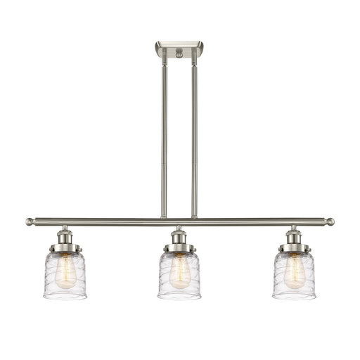 Innovations Bell 36in 3-Light Island Light | Industrial Brushed Satin Nickel Steel and Clear Deco Swirl Glass | Kitchen Island & | Model 916-3I-SN-G513