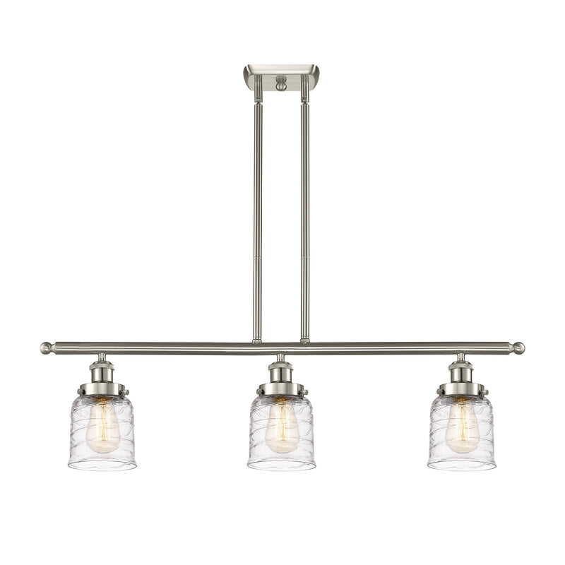 Innovations Bell 36in 3-Light Island Light | Industrial Brushed Satin Nickel Steel and Clear Deco Swirl Glass | Kitchen Island | Model 916-3I-SN-G513-LED