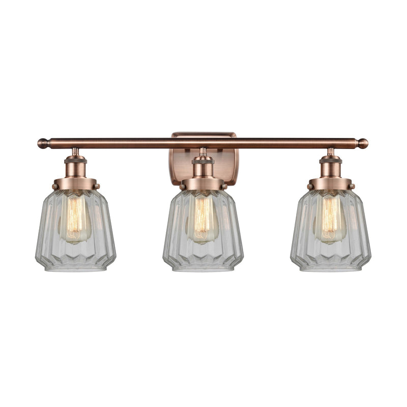 Innovations Chatham 27in 3-Light Bath Vanity Light | Modern Transitional Antique Copper Steel and Clear Ribbed Glass | Bathroom | Model 916-3W-AC-G142