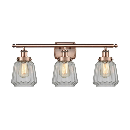 Innovations Chatham 27in 3-Light Bath Vanity Light | Modern Transitional Antique Copper Steel and Clear Ribbed Glass | Bathroom | Model 916-3W-AC-G142
