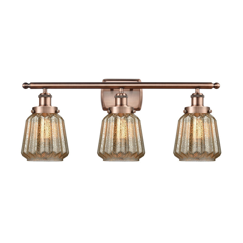 Innovations Chatham 27in 3-Light Bath Vanity Light | Modern Transitional Antique Copper Steel and Mercury Ribbed Glass | Bathroom | Model 916-3W-AC-G146