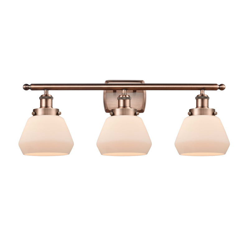 Innovations Fulton 27in 3-Light Bath Vanity Light | Modern Contempo Antique Copper Steel and Matte White Frosted Glass | Bathroom | Model 916-3W-AC-G171