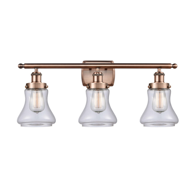 Innovations Bellmont 26in 3-Light Bath Vanity Light | Modern Contempo Antique Copper Steel and Clear Glass Schoolhouse Shade | Model 916-3W-AC-G192