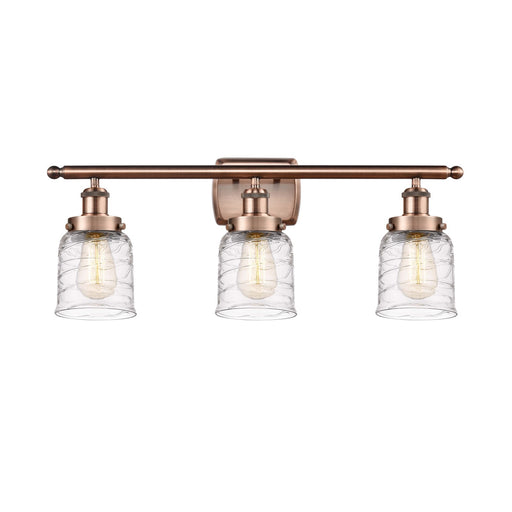 Innovations Bell 26in 3-Light Bath Vanity Light | Industrial Antique Copper Steel and Clear Deco Swirl Glass | Bathroom Vanity | Model 916-3W-AC-G513-LED