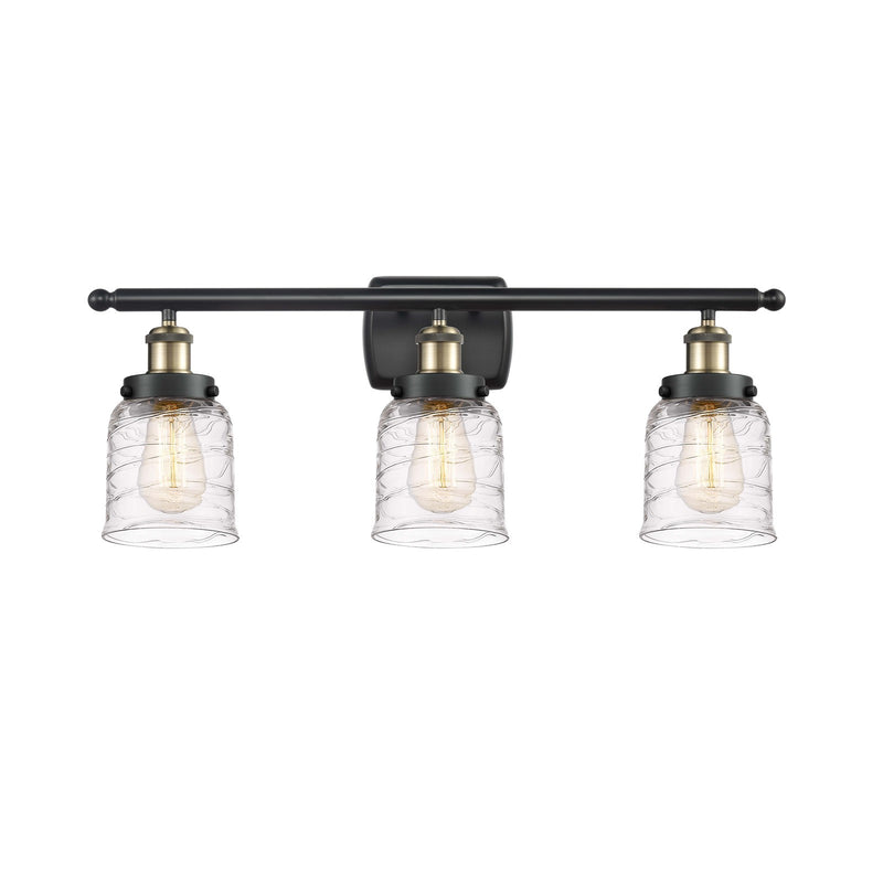 Innovations Bell 26in 3-Light Bath Vanity Light | Industrial Black Antique Brass and Clear Deco Swirl Glass | Bathroom Vanity | Model 916-3W-BAB-G513