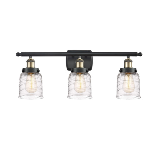 Innovations Bell 26in 3-Light Bath Vanity Light | Industrial Black Antique Brass and Clear Deco Swirl Glass | Bathroom Vanity | Model 916-3W-BAB-G513