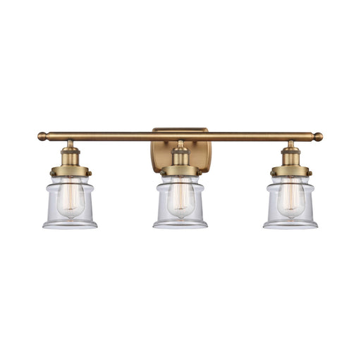 Innovations Canton 25.25in 3-Light Bath Vanity Light | Modern Transitional Brushed Brass and Clear Glass Schoolhouse Shade | Model 916-3W-BB-G182S