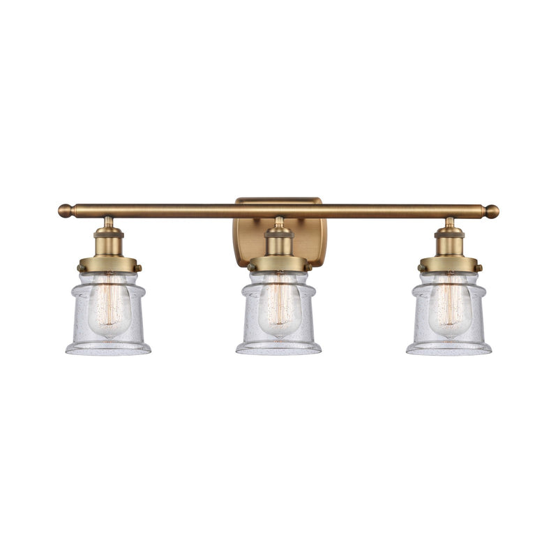 Innovations Canton 25.25in 3-Light Bath Vanity Light | Modern Transitional Brushed Brass and Seedy Glass Schoolhouse Shade | Model 916-3W-BB-G184S